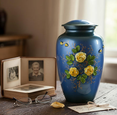 eSplanade Metal Cremation Urn Memorial Jar Pot Container | Full Size Urn for Funeral Ashes Burial | Elephant and Flowers Printed Metal Urn | Blue-Multi - 10" Inches