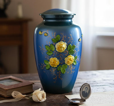 eSplanade Metal Cremation Urn Memorial Jar Pot Container | Full Size Urn for Funeral Ashes Burial | Elephant and Flowers Printed Metal Urn | Blue-Multi - 10" Inches