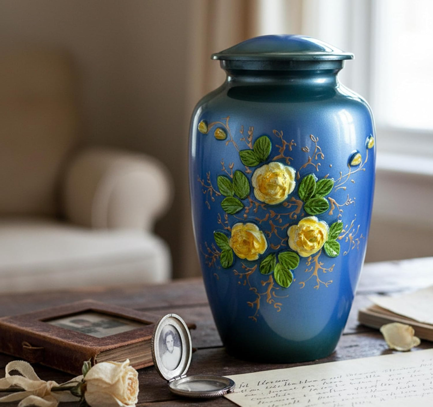 eSplanade Metal Cremation Urn Memorial Jar Pot Container | Full Size Urn for Funeral Ashes Burial | Elephant and Flowers Printed Metal Urn | Blue-Multi - 10" Inches