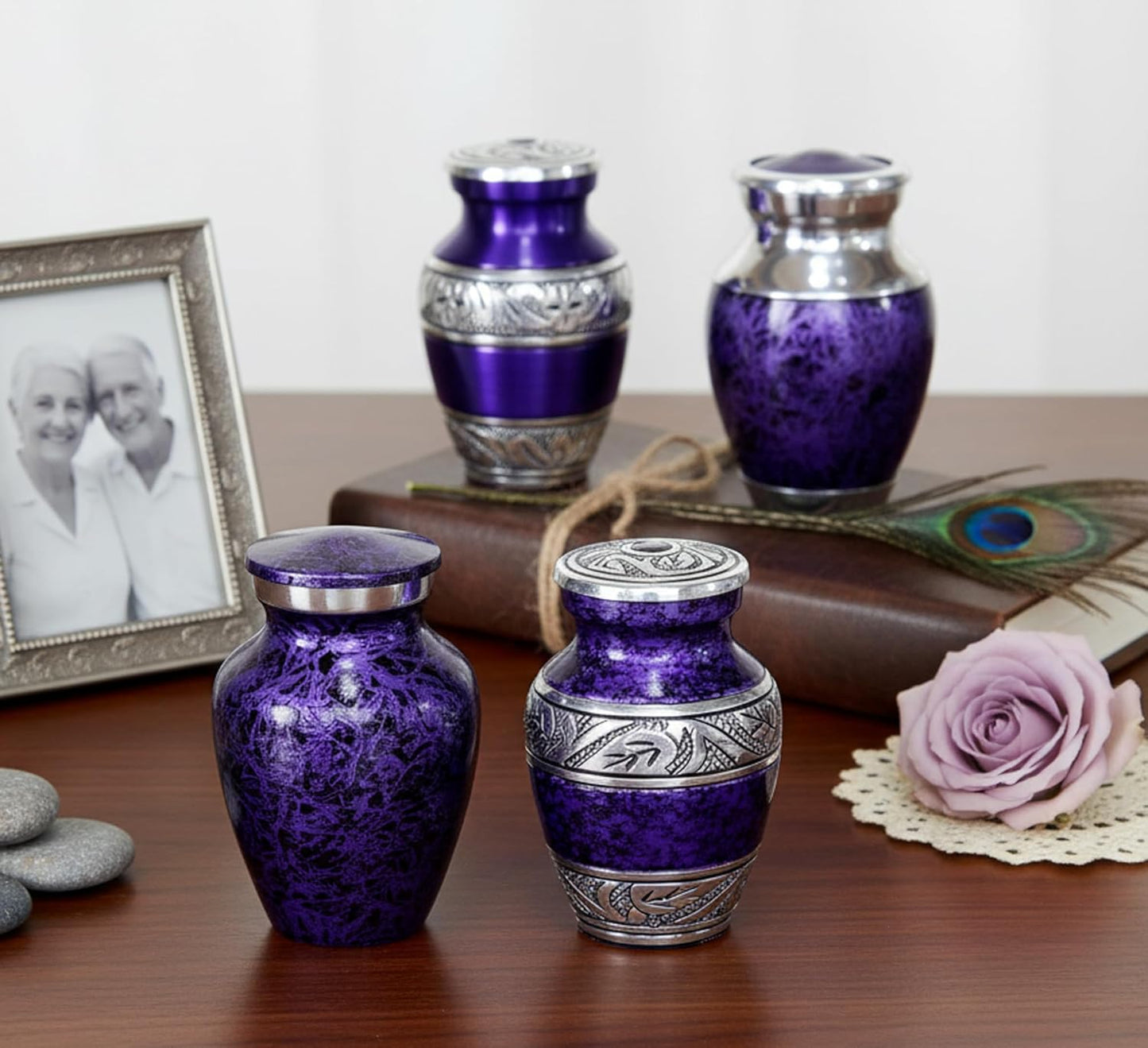 eSplanade- Cremation Mini urn Keepsake Memorial | Set of 4 Small urns for Ashes Funeral Burial Container jar Pot (Silver Carved)