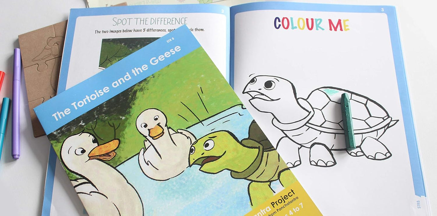 IVEI Panchatantra Kids Learning Book - Workbook and DIY puzzle of Panchatantra Story - Colouring Activity Worksheets - Creative Fun Activity and Education For Kids - The Tortoise and the Geese ( Age 4 to 7 Years )