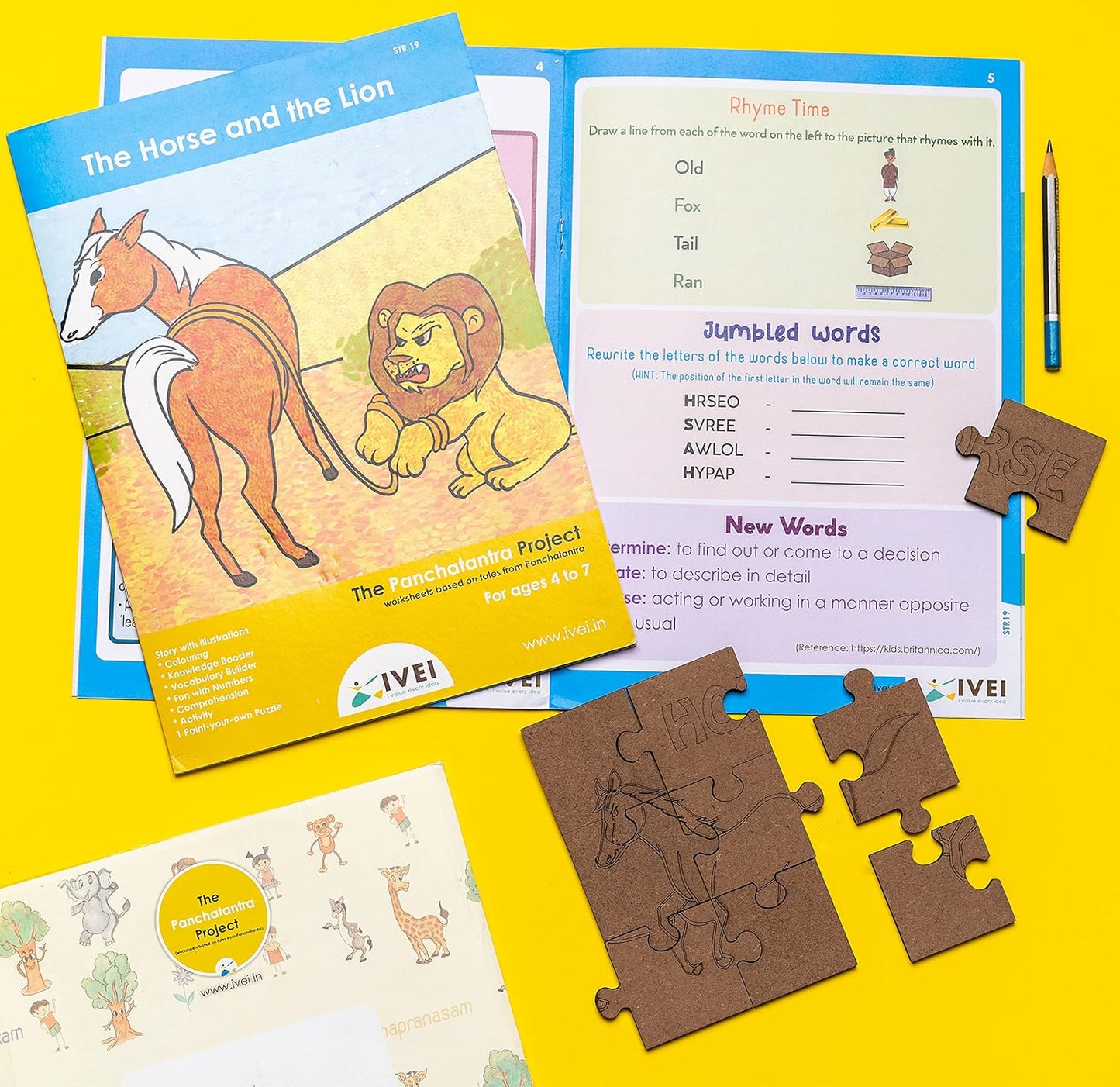IVEI Panchatantra Kids Learning Book - Workbook and DIY Puzzle of Panchatantra Story - Colouring Activity Worksheets - Creative Fun Activity and Education For Kids - The Horse and the Lion ( Age 4 to 7 Years )