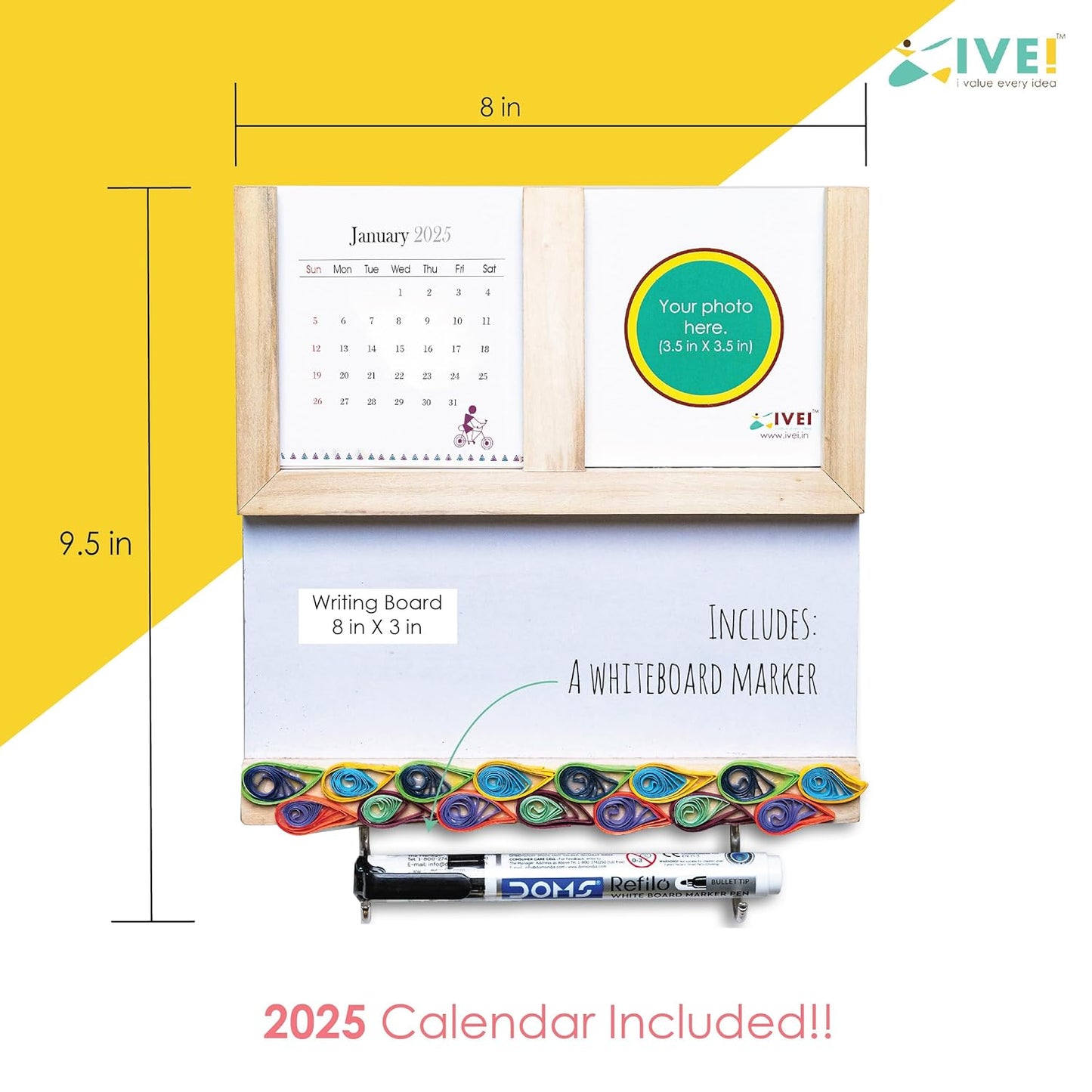 IVEI Utility Fridge Magnet with White Board, Mini Warli Calendar and Photo Frame, Paper Quilling on Wooden Frame - Daily Planner Magnet for Fridge with White Board - Best Gift for Home & Kitchen