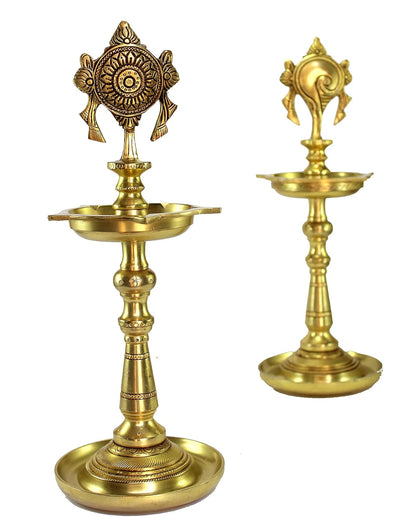 ESPLANADE Brass Oil Lamps - 13" inches | Shankh Chakra Narayan Oil Lamp Diya Deepam Brass Lamps Kuthu Vilakku
