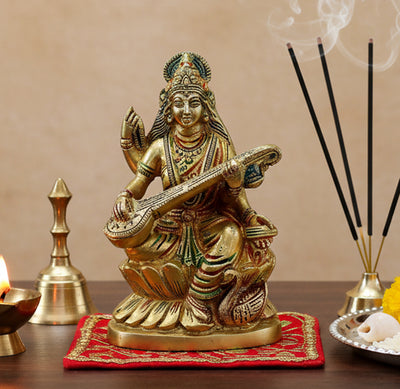 eSplanade Brass Saraswati Maa Murti Idol Statue Sculpture for Home Decor and Temple - 6" & 9.75 Inches