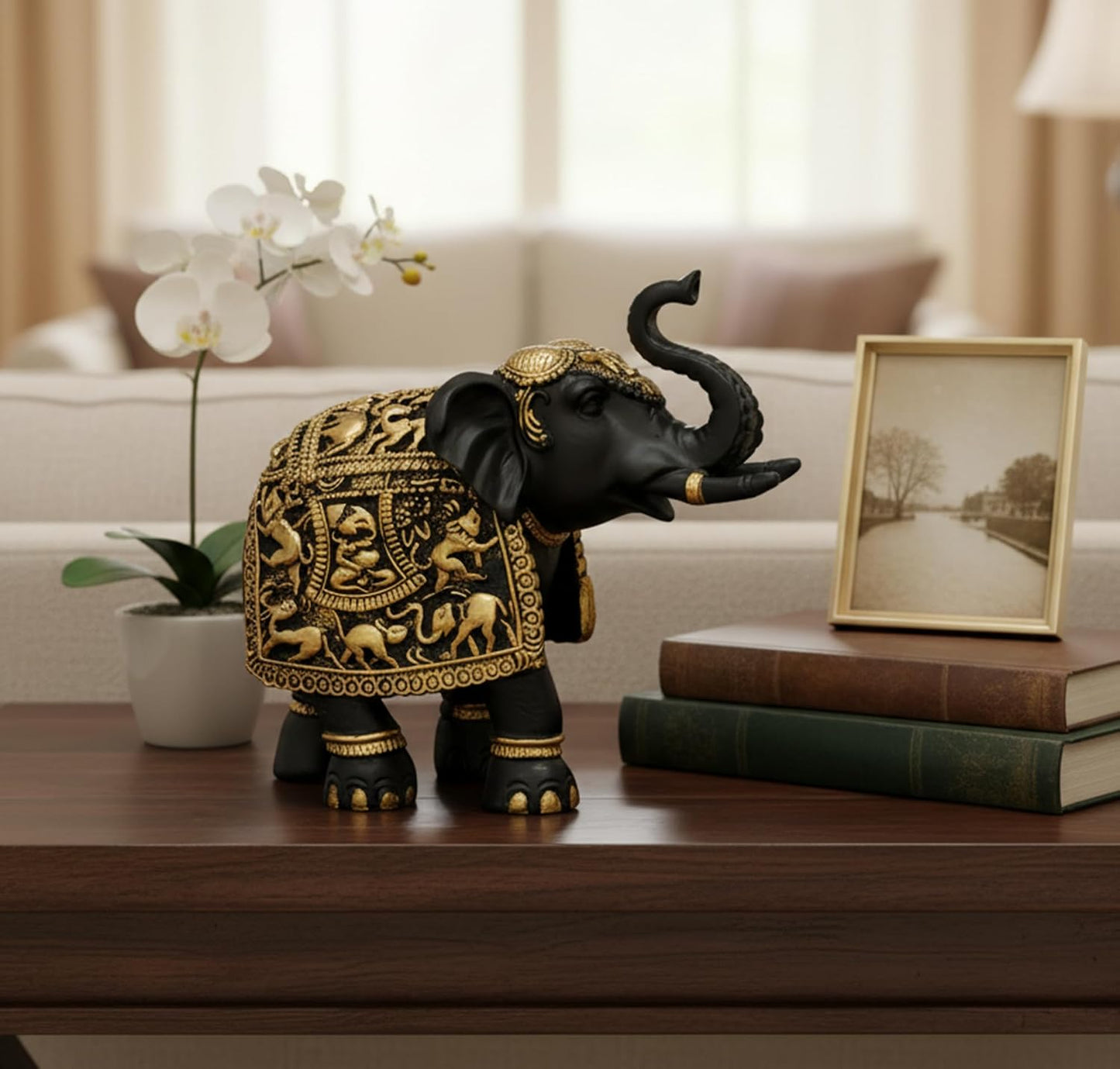 eSplanade Resin Elephant Sculpture Showpiece Figurine | Decorative Items - Home Decor | Black-Golden - 8.5" Inches (Length)