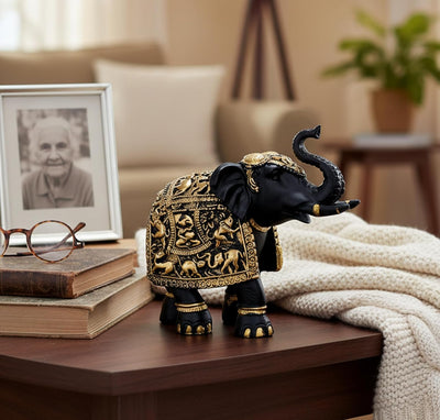 eSplanade Resin Elephant Sculpture Showpiece Figurine | Decorative Items - Home Decor | Black-Golden - 8.5" Inches (Length)