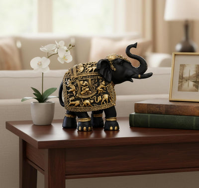 eSplanade Resin Elephant Sculpture Showpiece Figurine | Decorative Items - Home Decor | Black-Golden - 8.5" Inches (Length)
