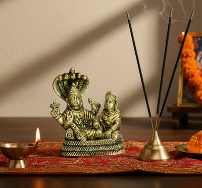 eSplanade Brass Lord Vishnu Laxmi in Ksheer Sagar - Lakshmi Narayan - Murti Idol Statue Sculpture - Golden - 3.1" Inches