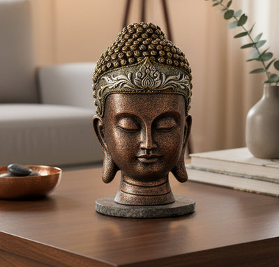 eSplanade Buddha Head Statue for Home Decor | Resin Buddha Face Showpiece for Living Room, Meditation, Office Table Desk, Shelf | Tibetan Buddhist Idol | Zen or Yoga Figurine Gifts | Golden, 9 Inch