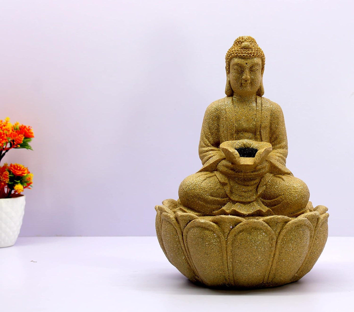 eSplanade Buddha Table Top Indoor Outdoor Water Fall Fountain | Home Decor - Polystone - 12" Inches - Beige