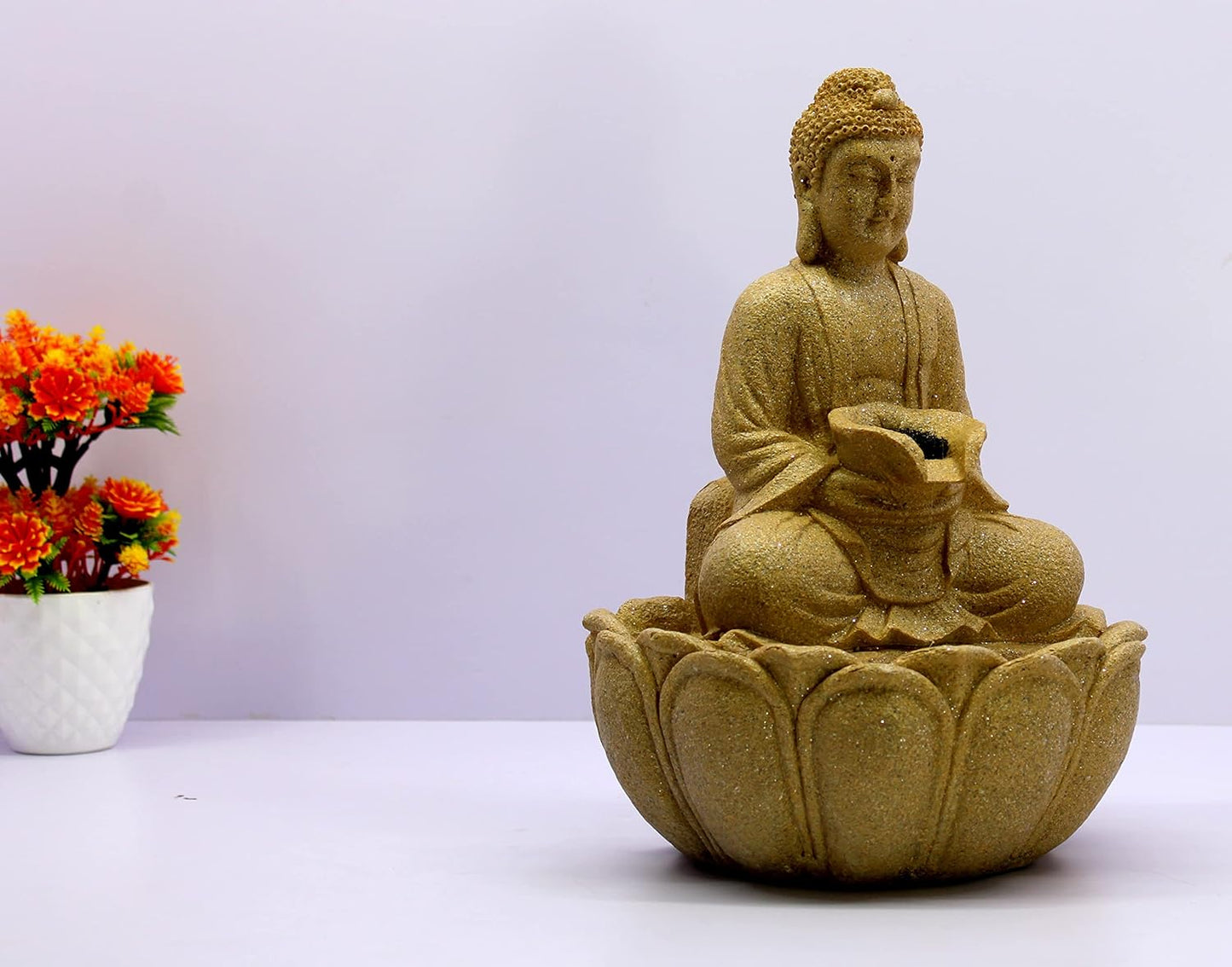 eSplanade Buddha Table Top Indoor Outdoor Water Fall Fountain | Home Decor - Polystone - 12" Inches - Beige