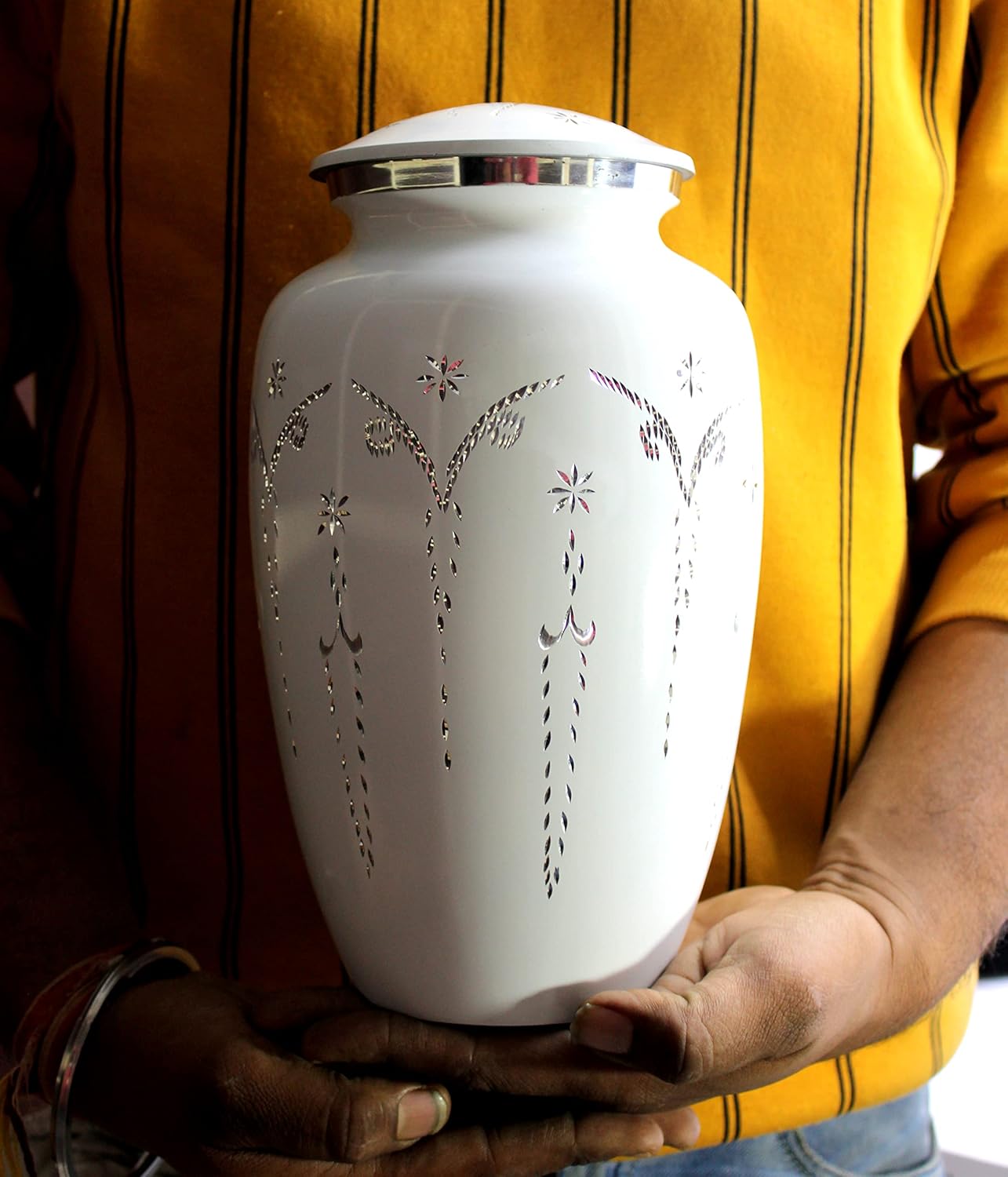 ESPLANADE Cremation Urn Memorial Human Ashes Container Jar Pot | Burial Funeral Urns | White Engraved-10 Inches