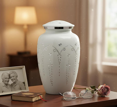 ESPLANADE Cremation Urn Memorial Human Ashes Container Jar Pot | Burial Funeral Urns | White Engraved-10 Inches