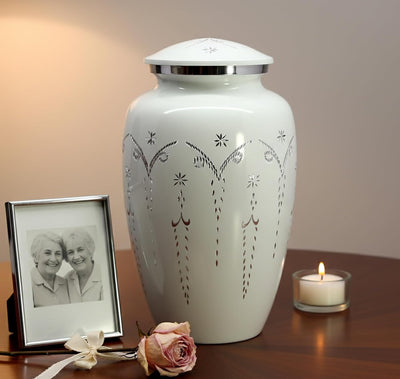 ESPLANADE Cremation Urn Memorial Human Ashes Container Jar Pot | Burial Funeral Urns | White Engraved-10 Inches