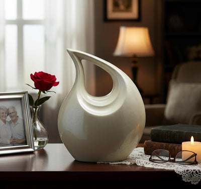 eSplanade Metal Cremation Urn Memorial Jar Pot Container | Full Size Urn for Ashes Funeral Burial | Teardrop Urns | Grey & white- 10" Inches