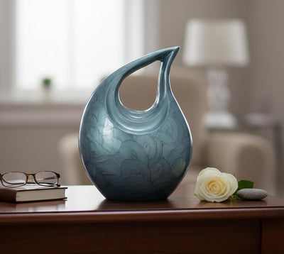 eSplanade Metal Cremation Urn Memorial Jar Pot Container | Full Size Urn for Ashes Funeral Burial | Teardrop Urns | Grey & white- 10" Inches