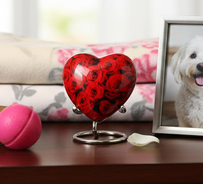 eSplanade Brass Mini Cremation Urn Heart-Shaped Keepsake Memorial Jar Pot Container | Small Urn with Stand for Funeral Ashes Burial | Red Roses Printed Keepsake | Red - 2.75" Inches
