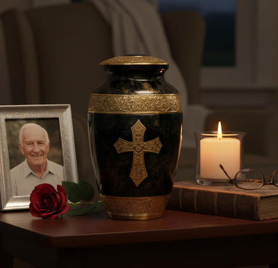 eSplanade Brass Cremation Urn Memorial Jar Pot Container | Full Size Urn for Funeral Ashes Burial | Holy Cross Printed Urn | Black - 10" Inches