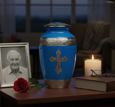 eSplanade Brass Cremation Urn Memorial Jar Pot Container | Full Size Urn for Funeral Ashes Burial | Holy Cross Printed Urn | Black - 10" Inches