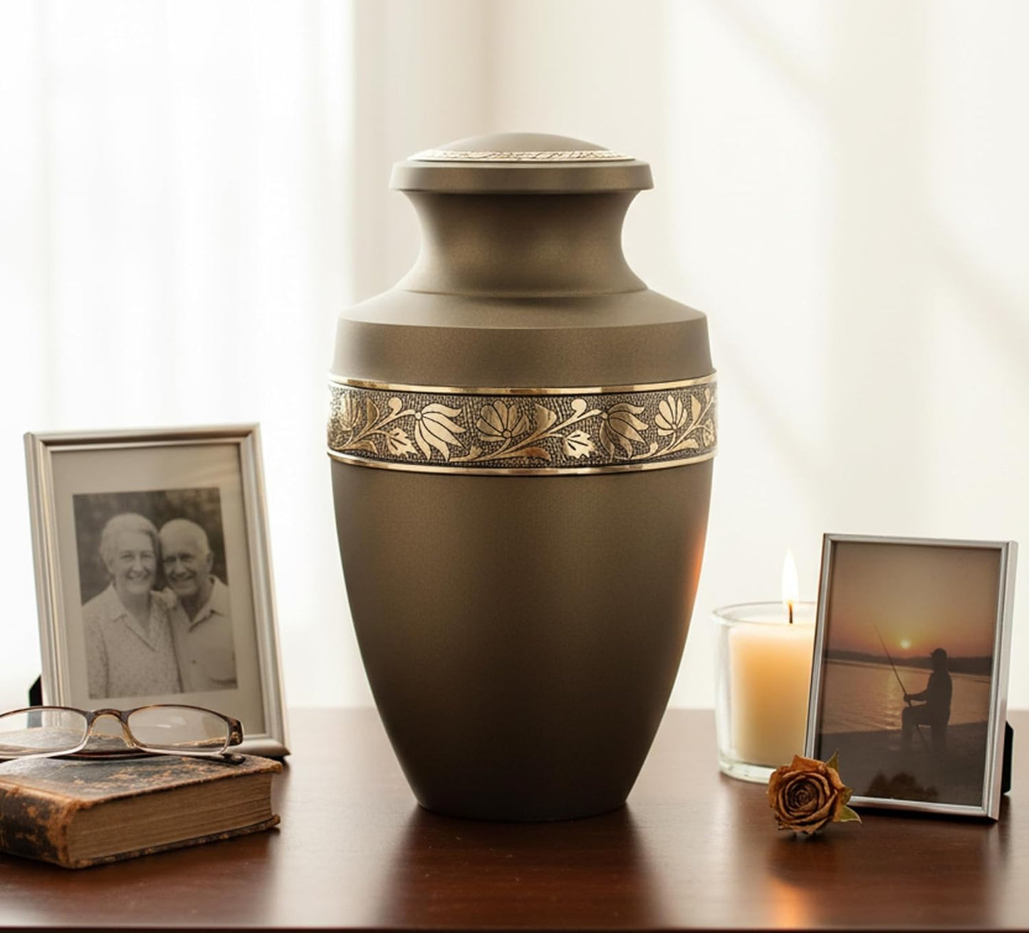 eSplanade Brass Cremation Urn Memorial Jar Pot Container | Full Size Urn for Funeral Ashes Burial | Engraved Metal Urn |