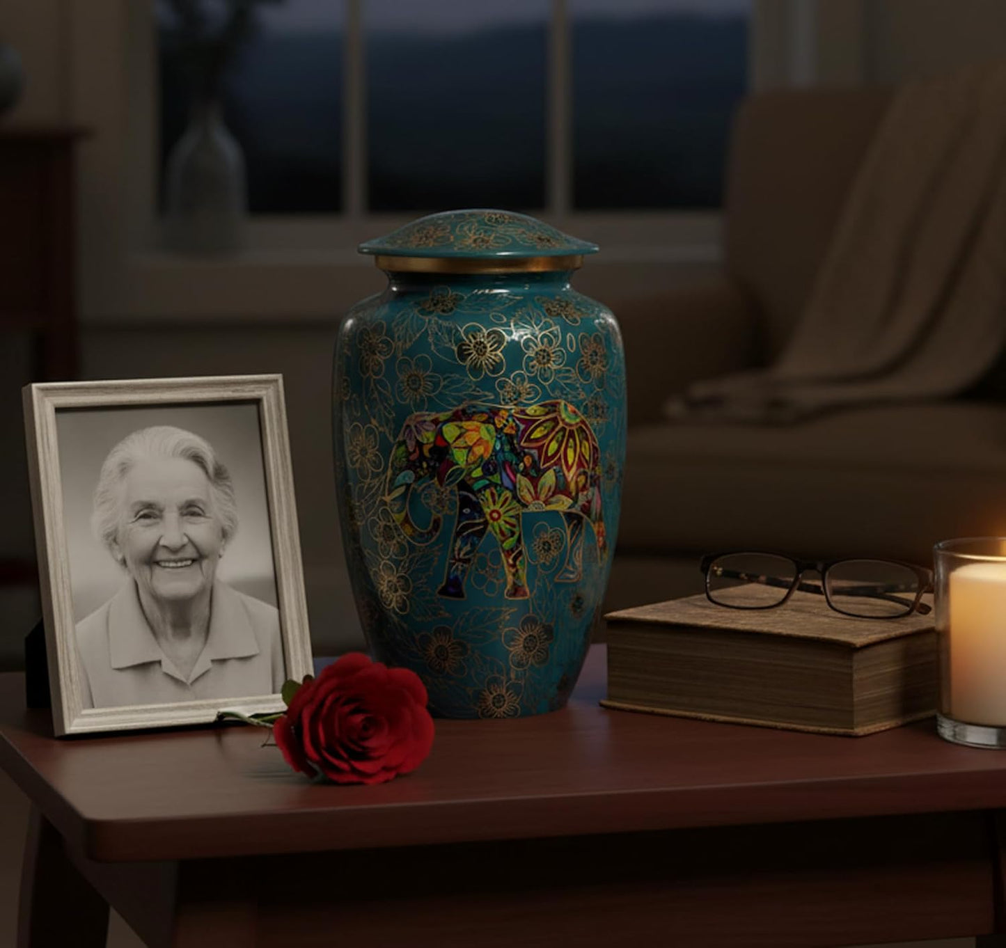 eSplanade Metal Cremation Urn Memorial Jar Pot Container | Full Size Urn for Funeral Ashes Burial | Elephant and Flowers Printed Metal Urn | Blue-Multi - 10" Inches