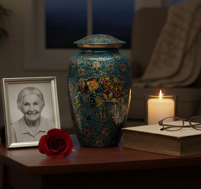 eSplanade Metal Cremation Urn Memorial Jar Pot Container | Full Size Urn for Funeral Ashes Burial | Elephant and Flowers Printed Metal Urn | Blue-Multi - 10" Inches