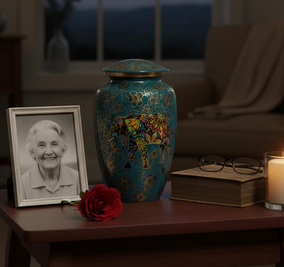 eSplanade Metal Cremation Urn Memorial Jar Pot Container | Full Size Urn for Funeral Ashes Burial | Elephant and Flowers Printed Metal Urn | Blue-Multi - 10" Inches