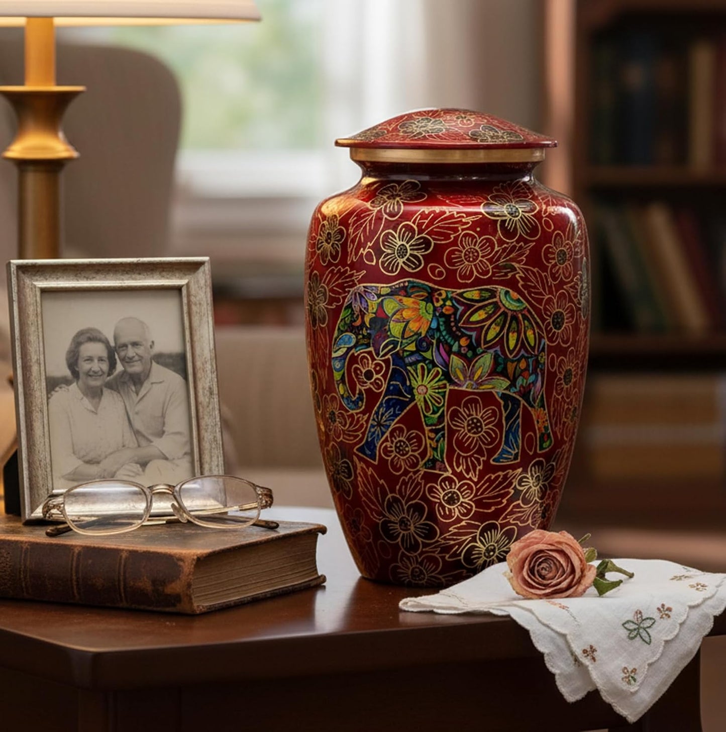 eSplanade Metal Cremation Urn Memorial Jar Pot Container | Full Size Urn for Funeral Ashes Burial | Elephant and Flowers Printed Metal Urn | Blue-Multi - 10" Inches