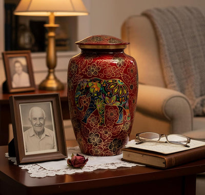 eSplanade Metal Cremation Urn Memorial Jar Pot Container | Full Size Urn for Funeral Ashes Burial | Elephant and Flowers Printed Metal Urn | Blue-Multi - 10" Inches