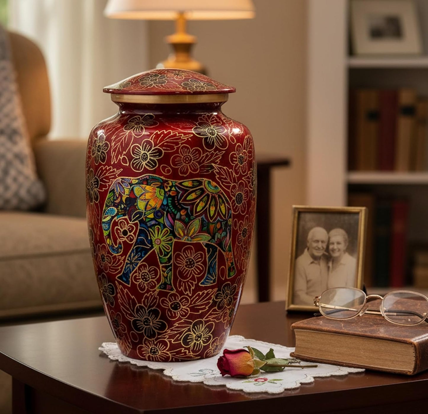 eSplanade Metal Cremation Urn Memorial Jar Pot Container | Full Size Urn for Funeral Ashes Burial | Elephant and Flowers Printed Metal Urn | Blue-Multi - 10" Inches