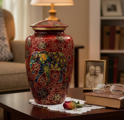 eSplanade Metal Cremation Urn Memorial Jar Pot Container | Full Size Urn for Funeral Ashes Burial | Elephant and Flowers Printed Metal Urn | Blue-Multi - 10" Inches