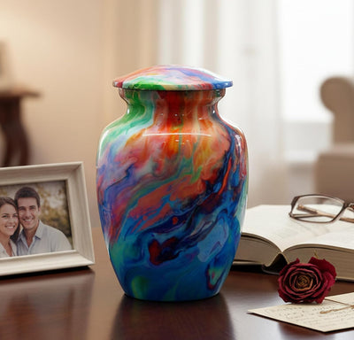 eSplanade Brass Cremation Urn Memorial Jar Pot Container | Medium Size Urn for Funeral Ashes Burial | Engraved Metal Urn | Multicolor- 6" Inches