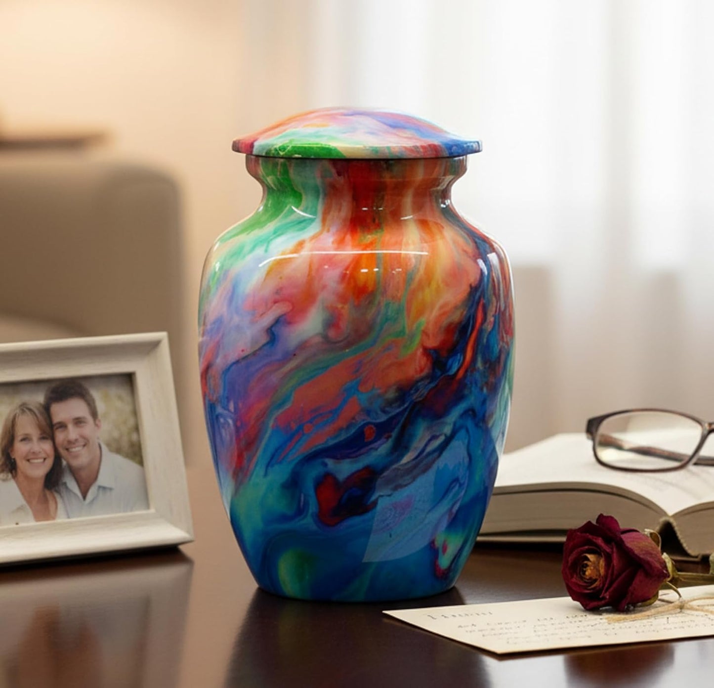 eSplanade Brass Cremation Urn Memorial Jar Pot Container | Medium Size Urn for Funeral Ashes Burial | Engraved Metal Urn | Multicolor- 6" Inches