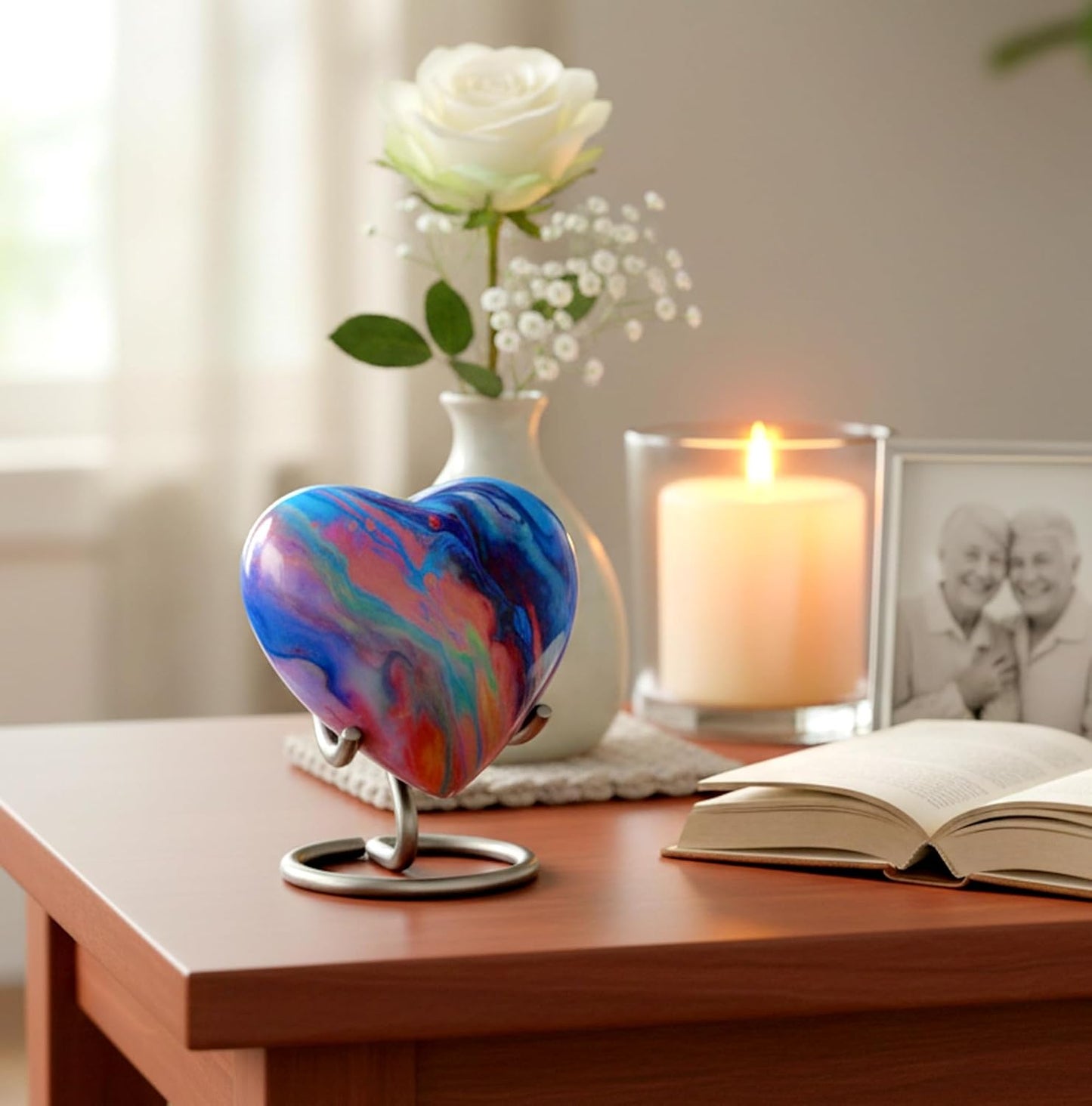 eSplanade Metal Mini Cremation Urn Heart-shaped Keepsake Memorial Jar Pot Container | Small Urn for Funeral Ashes Burial | Wave Textured Metal Keepsake with Stand | Multicolor