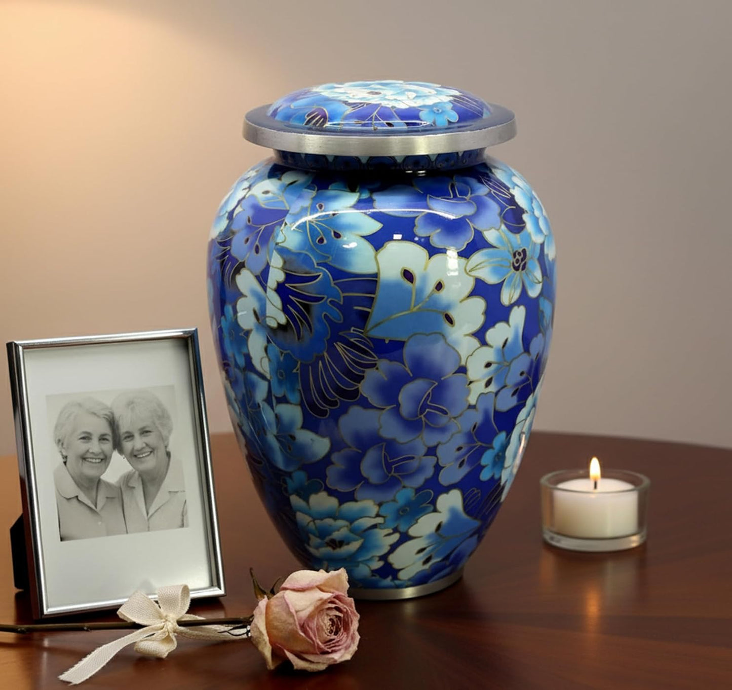 eSplanade Metal Cremation Urn Memorial Jar Pot Container | Full Size Urn for Funeral Ashes Burial | Flowers Printed Urn | Blue, Brown, Multicolor - 10" Inches