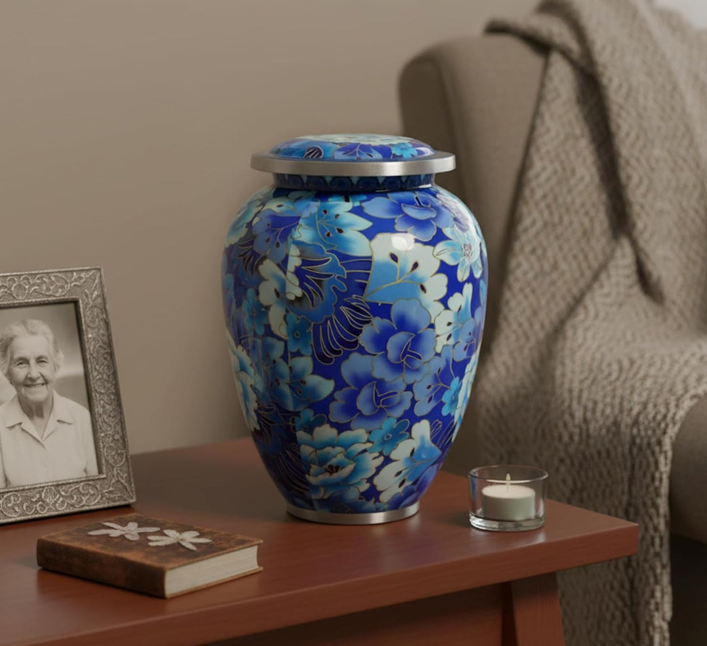 eSplanade Metal Cremation Urn Memorial Jar Pot Container | Full Size Urn for Funeral Ashes Burial | Flowers Printed Urn | Blue, Brown, Multicolor - 10" Inches