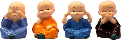 eSplanade Resin Smiling Happy Baby Buddha Monk Statues - Set of 4 | Feng Shui Monk Figurine Showpieces | Home D�cor - Car Dashboard | Multicolour - 2" Inches (Small)