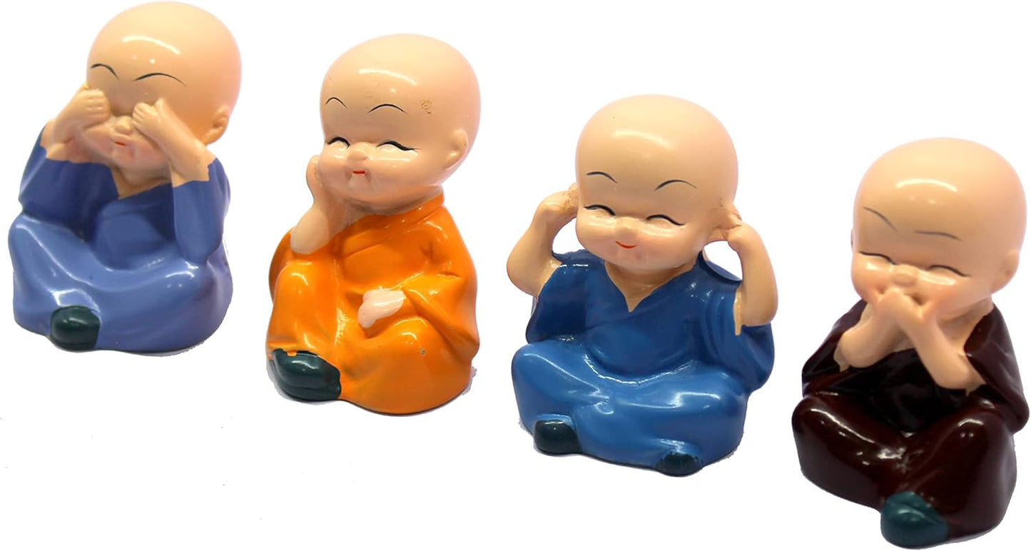 eSplanade Resin Smiling Happy Baby Buddha Monk Statues - Set of 4 | Feng Shui Monk Figurine Showpieces | Home D�cor - Car Dashboard | Multicolour - 2" Inches (Small)