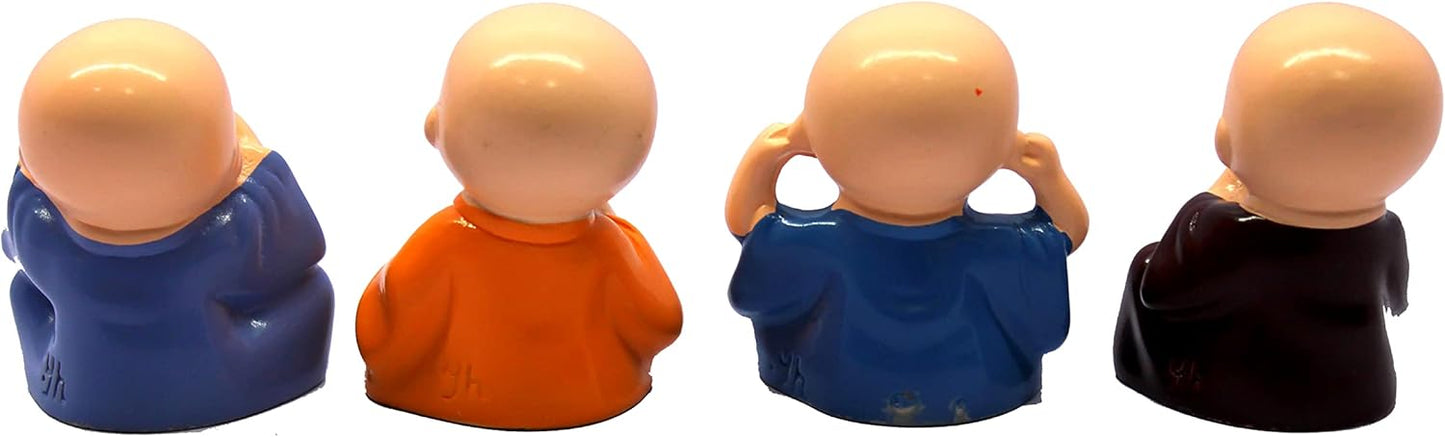 eSplanade Resin Smiling Happy Baby Buddha Monk Statues - Set of 4 | Feng Shui Monk Figurine Showpieces | Home D�cor - Car Dashboard | Multicolour - 2" Inches (Small)