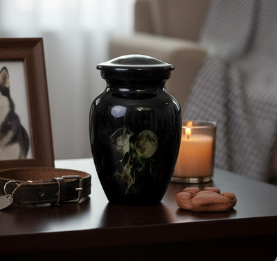 eSplanade Mini Cremation Urn Memorial Jar Pot Container | Small Metal Urn for Funeral Ashes Burial | Wolves with Moon Printed Metal Keepsake | Black - 4.5" Inches