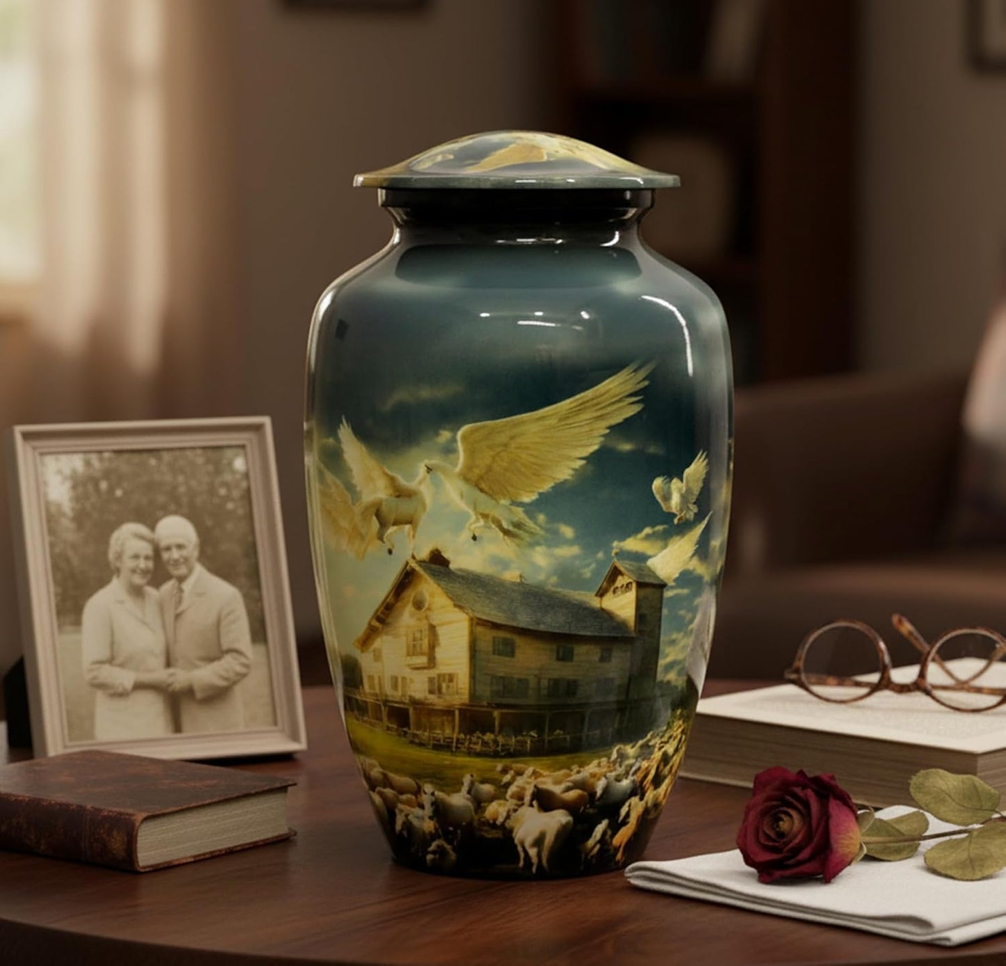 eSplanade Cremation Urn Memorial Human Ashes Container Jar Pot | Burial Funeral Urns | Pegasus Flying Horses House - 10" Inches (Full Size)