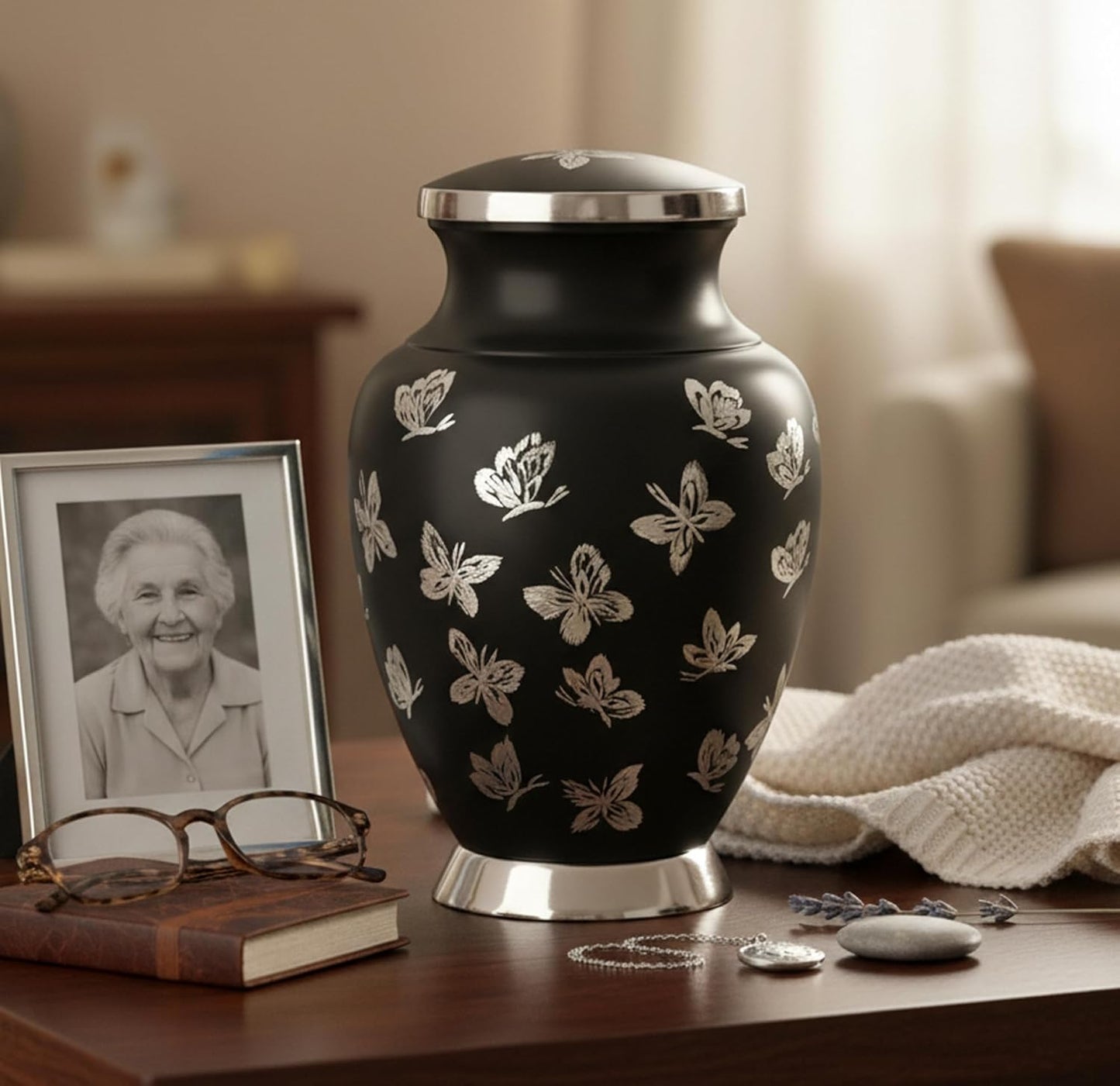 eSplanade Cremation Urn Memorial Human Ashes Container Jar Pot | Burial Funeral Urns | Black Butterflies - 10" Inches (Full Size)