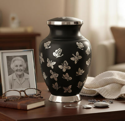 eSplanade Cremation Urn Memorial Human Ashes Container Jar Pot | Burial Funeral Urns | Black Butterflies - 10" Inches (Full Size)