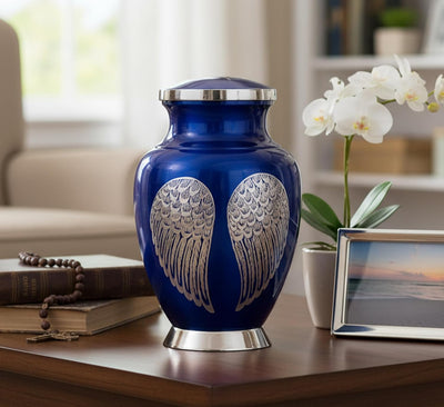 eSplanade Cremation Urn Memorial Human Ashes Container Jar Pot | Burial Funeral Urns | Angel Wings (Blue, 10" Inches)