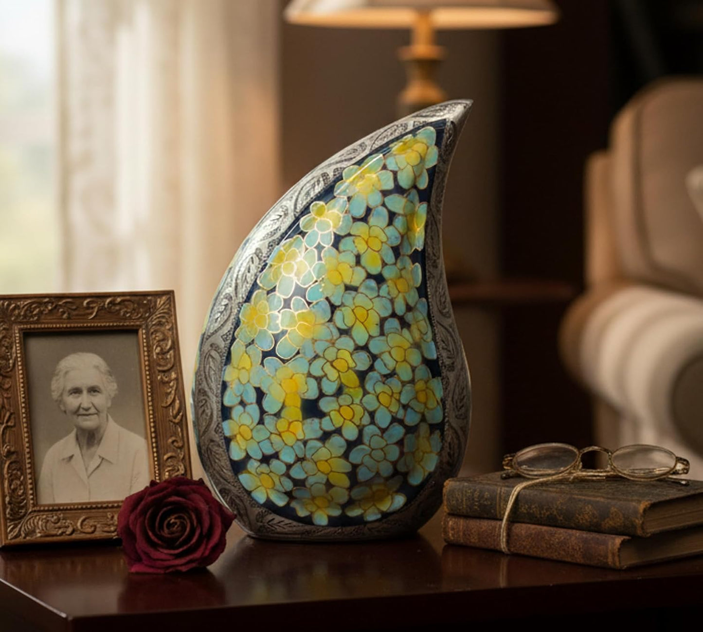 eSplanade Cremation Urn Memorial Human Ashes Container Jar Pot | Burial Funeral Urns | Teardrop Shape Green Flowers - 10 Inches