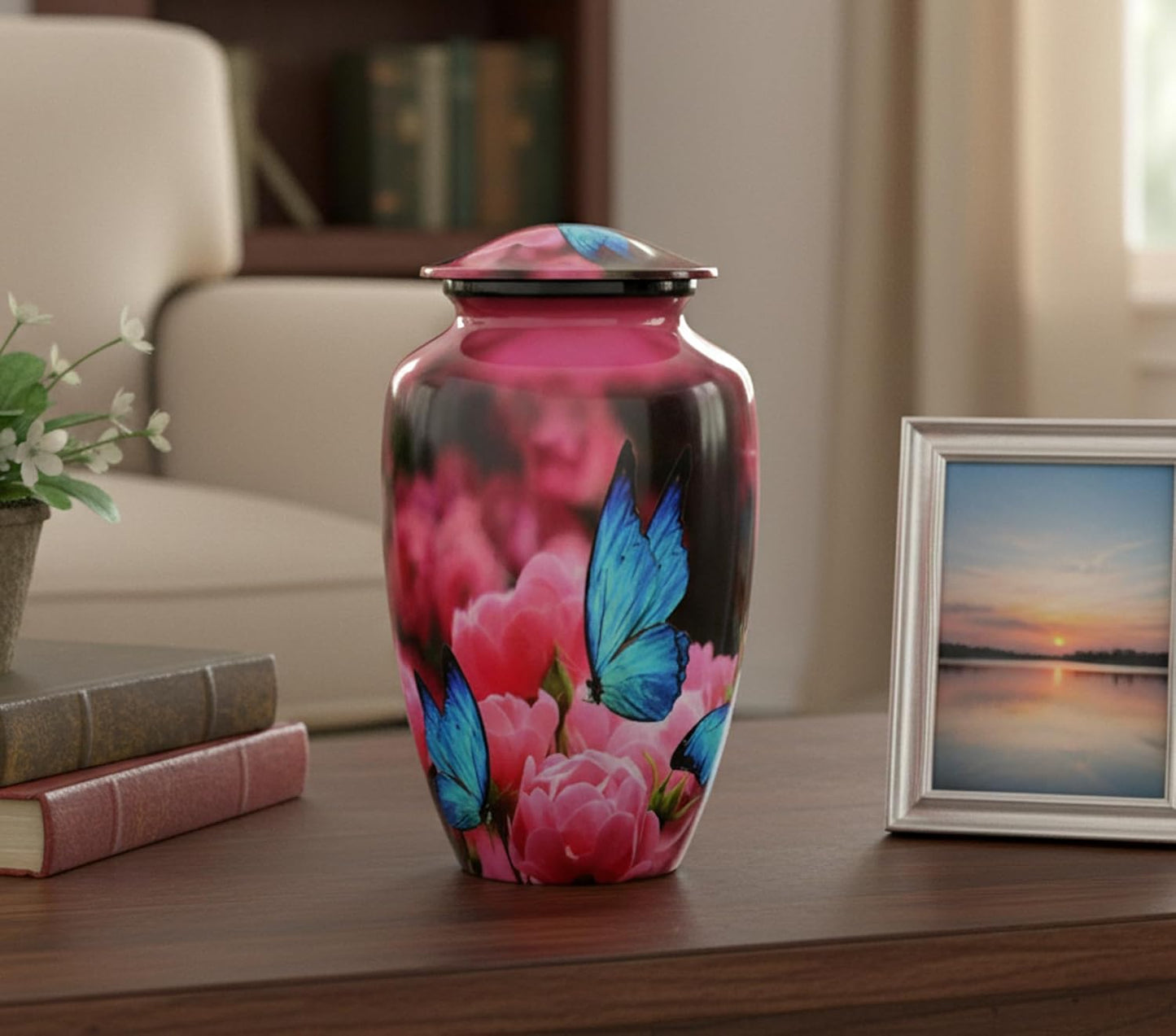 eSplanade Cremation Urn Memorial Human Ashes Container Jar Pot | Burial Funeral Urns | Pink Flowers Blue Butterfly Print - 10" Inches (Full Size)
