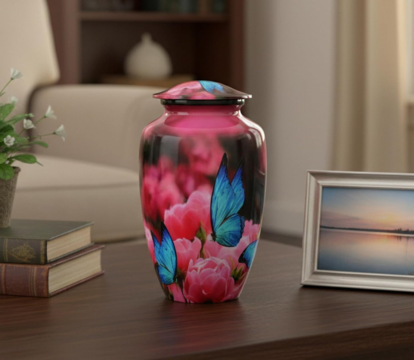 eSplanade Cremation Urn Memorial Human Ashes Container Jar Pot | Burial Funeral Urns | Pink Flowers Blue Butterfly Print - 10" Inches (Full Size)