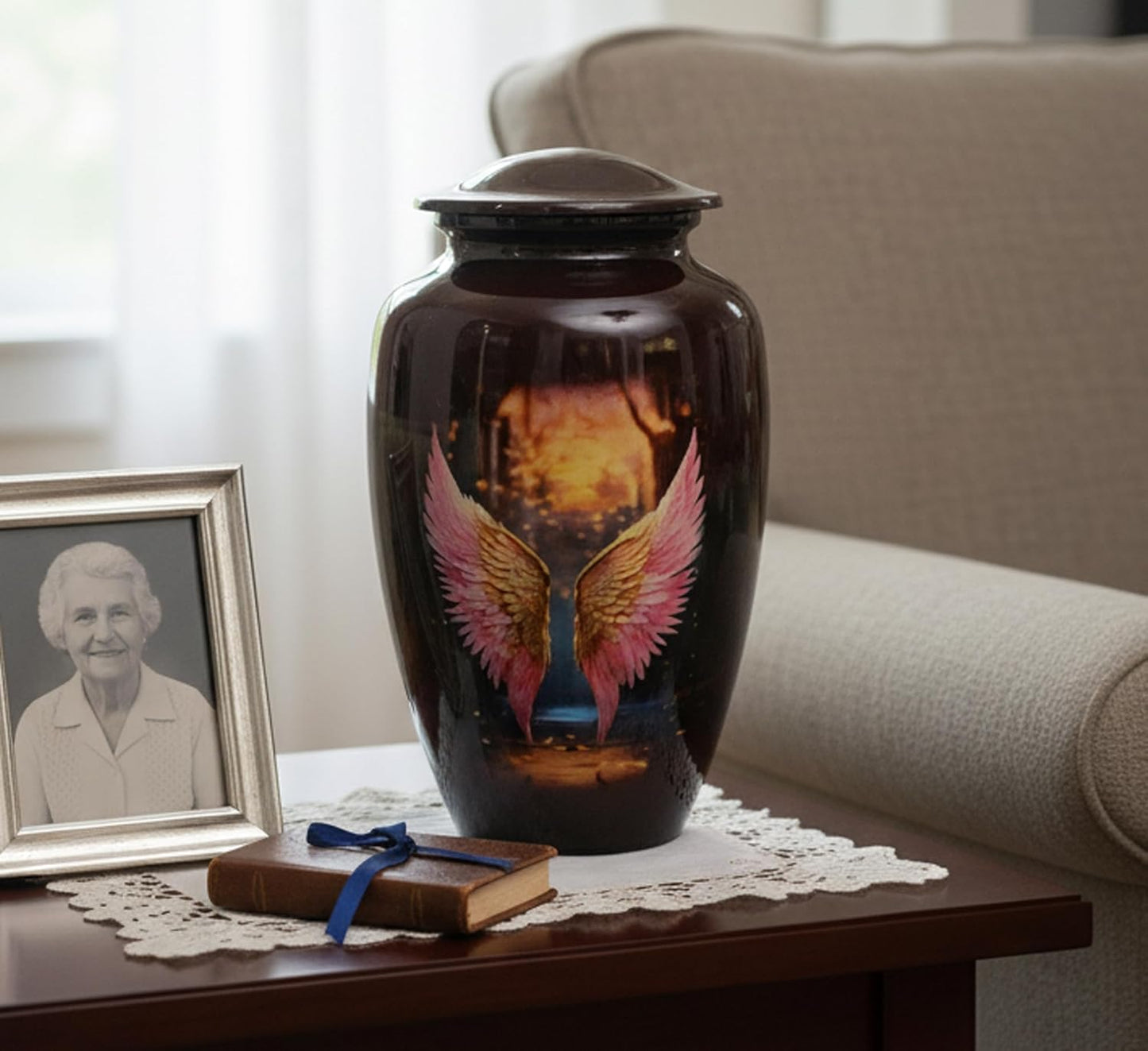 eSplanade Cremation Urn Memorial Human Ashes Container Jar Pot | Burial Funeral Urns | Brown Angel Wings - 10" Inches (Full Size)