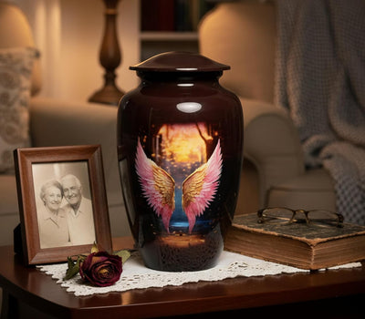 eSplanade Cremation Urn Memorial Human Ashes Container Jar Pot | Burial Funeral Urns | Brown Angel Wings - 10" Inches (Full Size)